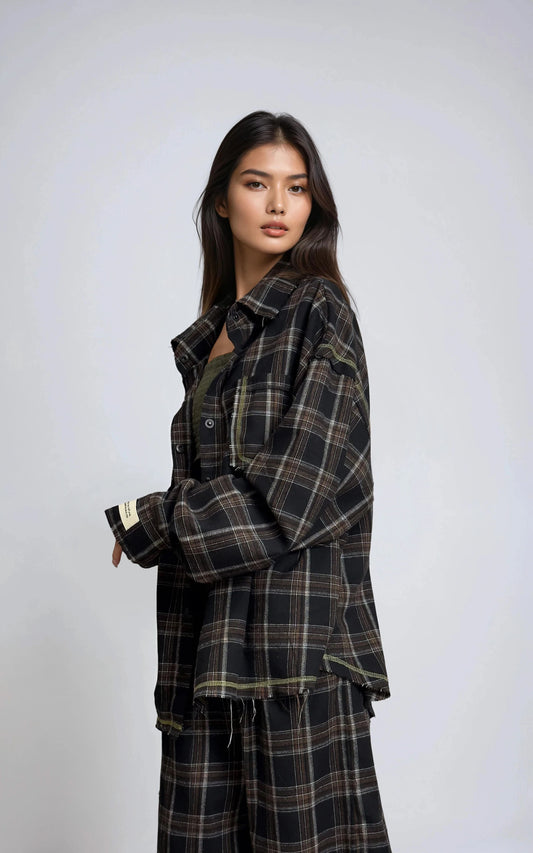 Костюм oversize SENSE EARTH — повний образ, фланель у чорну клітинку, MOXY
