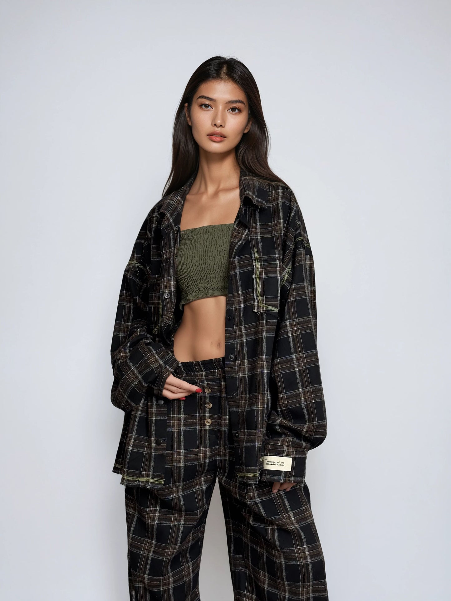 Костюм oversize SENSE EARTH — повний образ, фланель у чорну клітинку, MOXY
